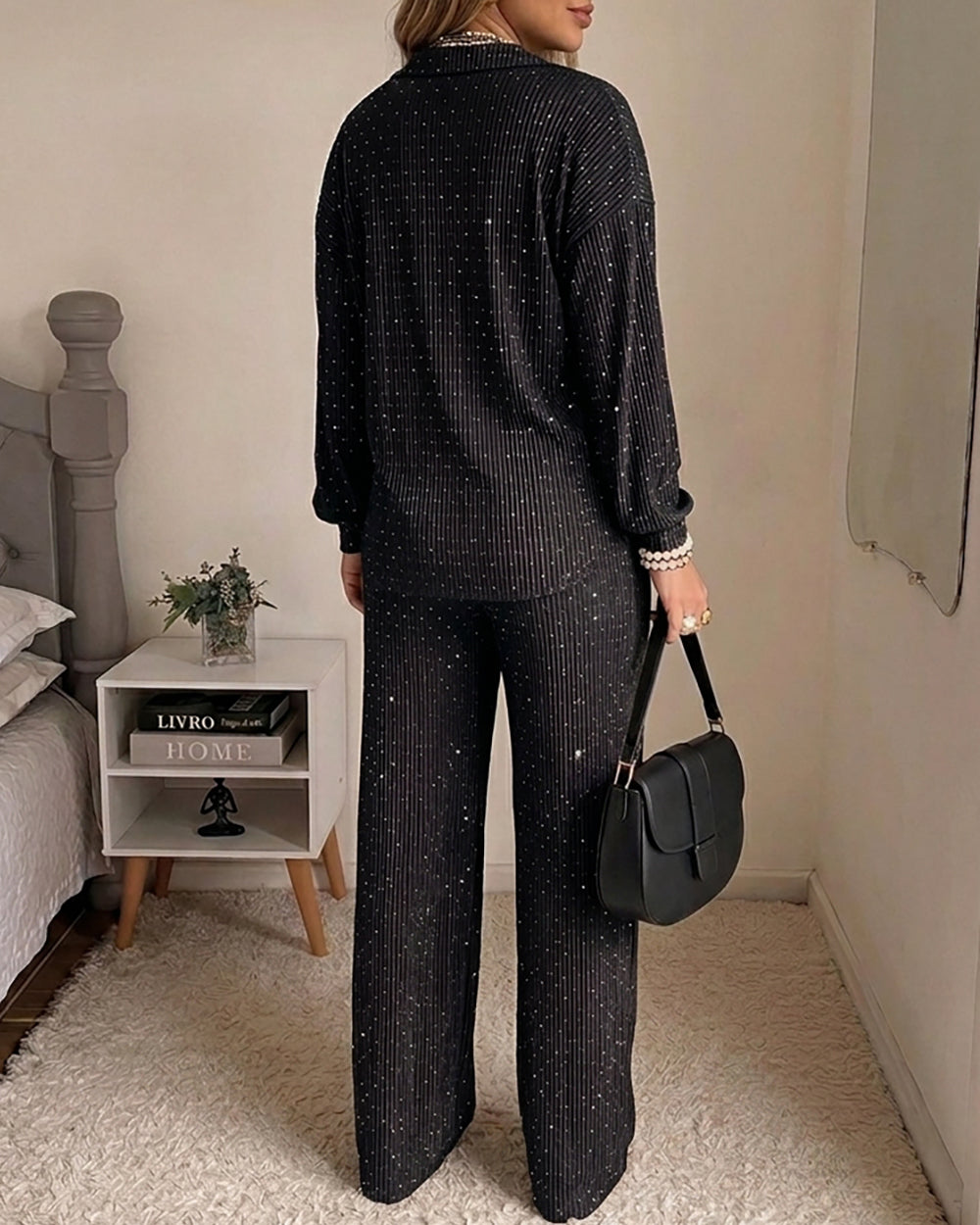 CHICME DAZZLE Women Rhinestone 2 Piece Outfit Drawstring Wide Leg Pants Set