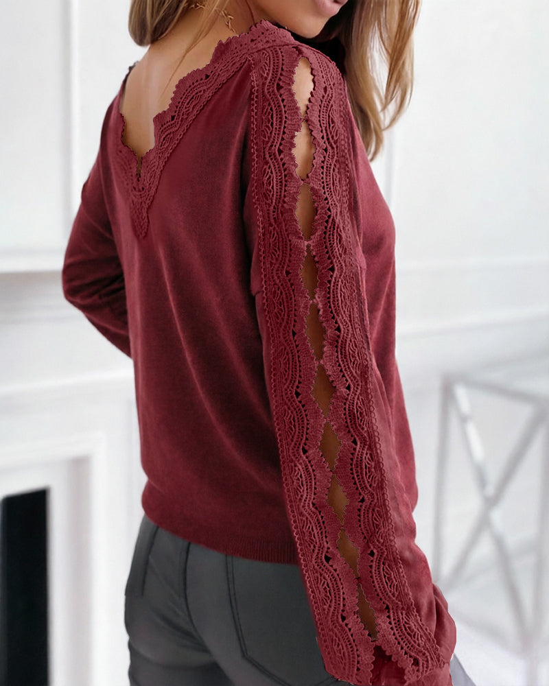 CHICME DAZZLE Women's V-Neck Hollow-Out Knit Long Sleeve Lantern Loose Fit Blouse