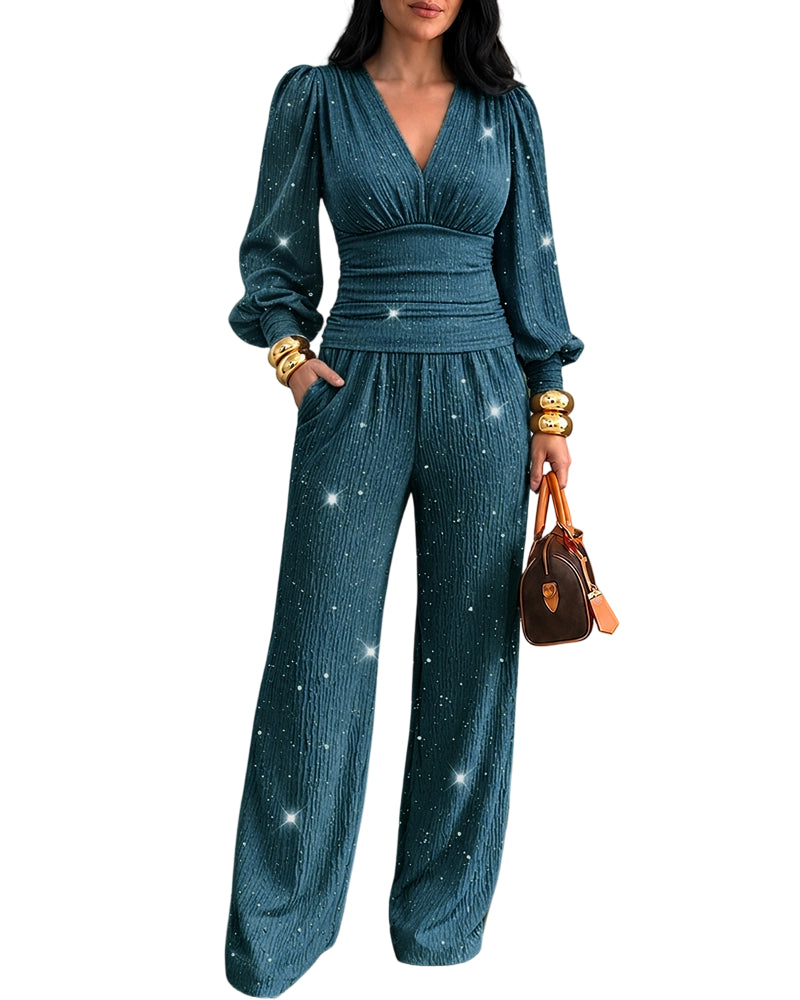CHICME DAZZLE Women's 2 Piece Glitter Set Deep V Neck Ruched Top Pants