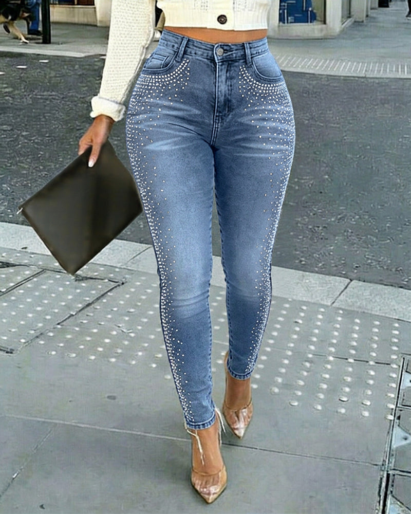 CHICME DAZZLE Women's Rhinestone Skinny Jeans High Waisted Washed Stretchy Denim Pants Party Streetwear