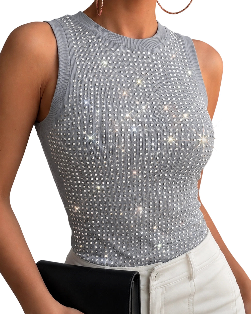CHICME DAZZLE Women Rhinestone Ribbed Tank Top Sparkly Sleeveless Going Out Top