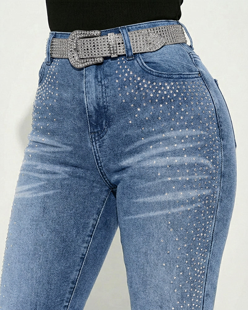 CHICME DAZZLE Women's Rhinestone Skinny Jeans High Waisted Washed Stretchy Denim Pants Party Streetwear