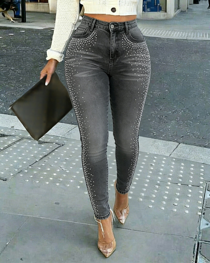 CHICME DAZZLE Women's Rhinestone Skinny Jeans High Waisted Washed Stretchy Denim Pants Party Streetwear