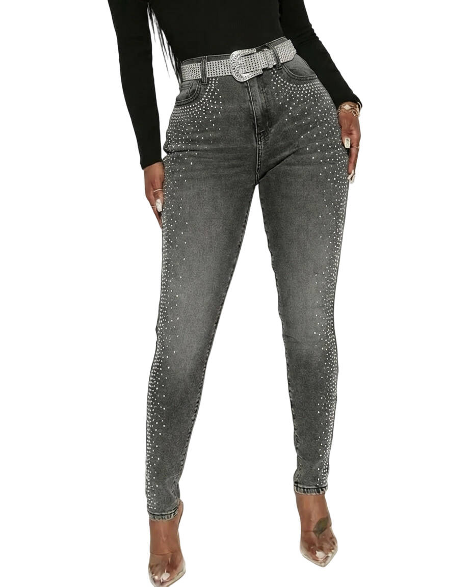 CHICME DAZZLE Women's Rhinestone Skinny Jeans High Waisted Washed Stretchy Denim Pants Party Streetwear